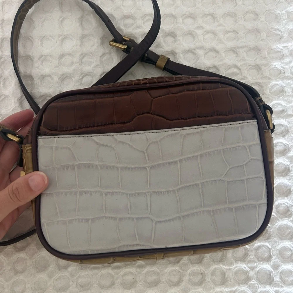 J. Crew Purple and Brown Colorblocked Croc Embossed Leather Crossbody Bag